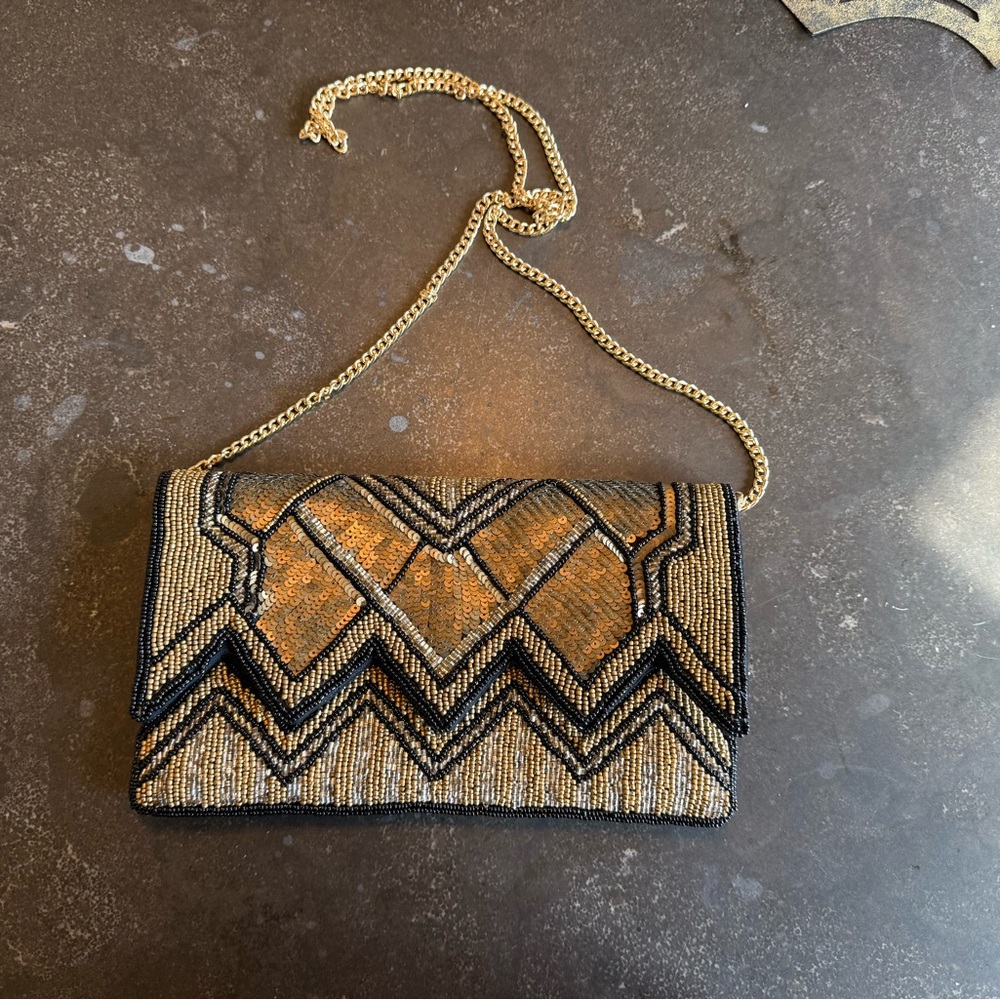 Gold and Black Sequined Clutch with Chain Strap